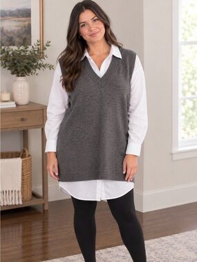 Calvin Klein L Women's Charcoal Gray V-Neck Sleeveless Knit Vest dress NWT